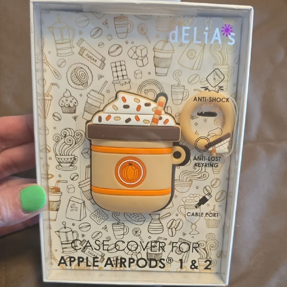 dELiA*s Orange and Brown AirPods Cover with Cartoon Coffee Design